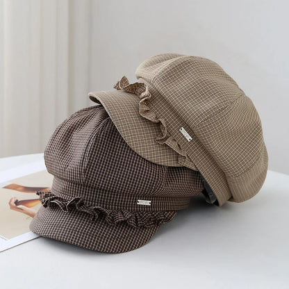 Striped Plaid Octagonal Cap Women Beret