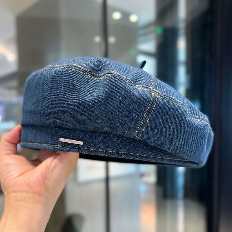 New Denim Beret Hat For Women Vintage Washed Blue Jeans
