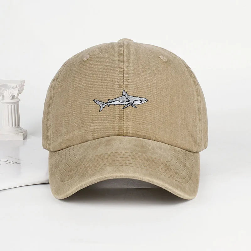 MLFO Shark Embroidered Pre Washed Baseball Cap Summer Wide Brim Cap Spring Casual Cap Outdoor Sun Hat
