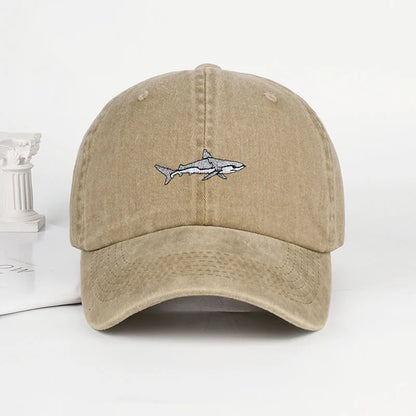 MLFO Shark Embroidered Pre Washed Baseball Cap Summer Wide Brim Cap Spring Casual Cap Outdoor Sun Hat
