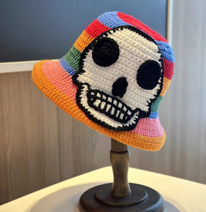 Skeleton Embroidery Fisherman Hat Winter Handmade Crochet Knitted