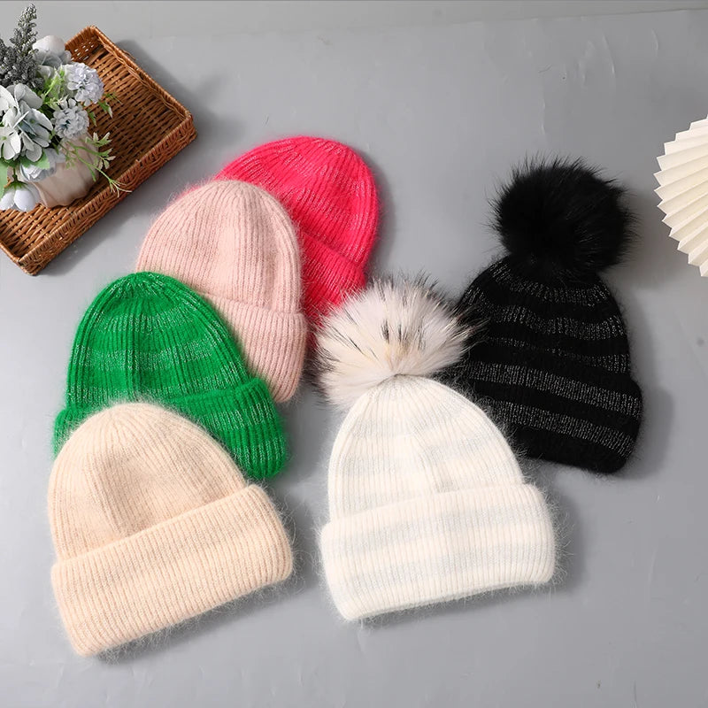 Hat For Women Angora Rabbit Fur Beanies With Natural Raccoon Fur Pompom Hats