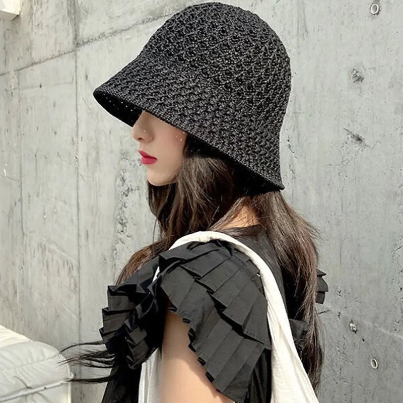 Straw Dome Weave Bucket Hat Hollow Out Breathable Sun Hats