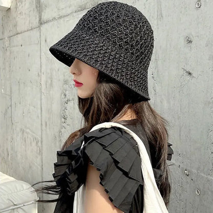 Straw Dome Weave Bucket Hat Hollow Out Breathable Sun Hats