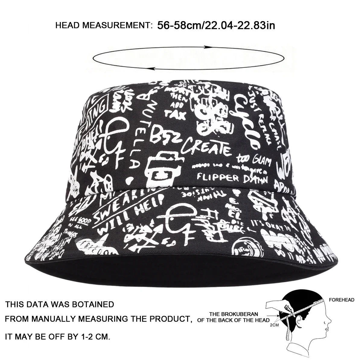Unisex 88 Black White Graffiti Print Personality Bucket Hats Fishermen Caps