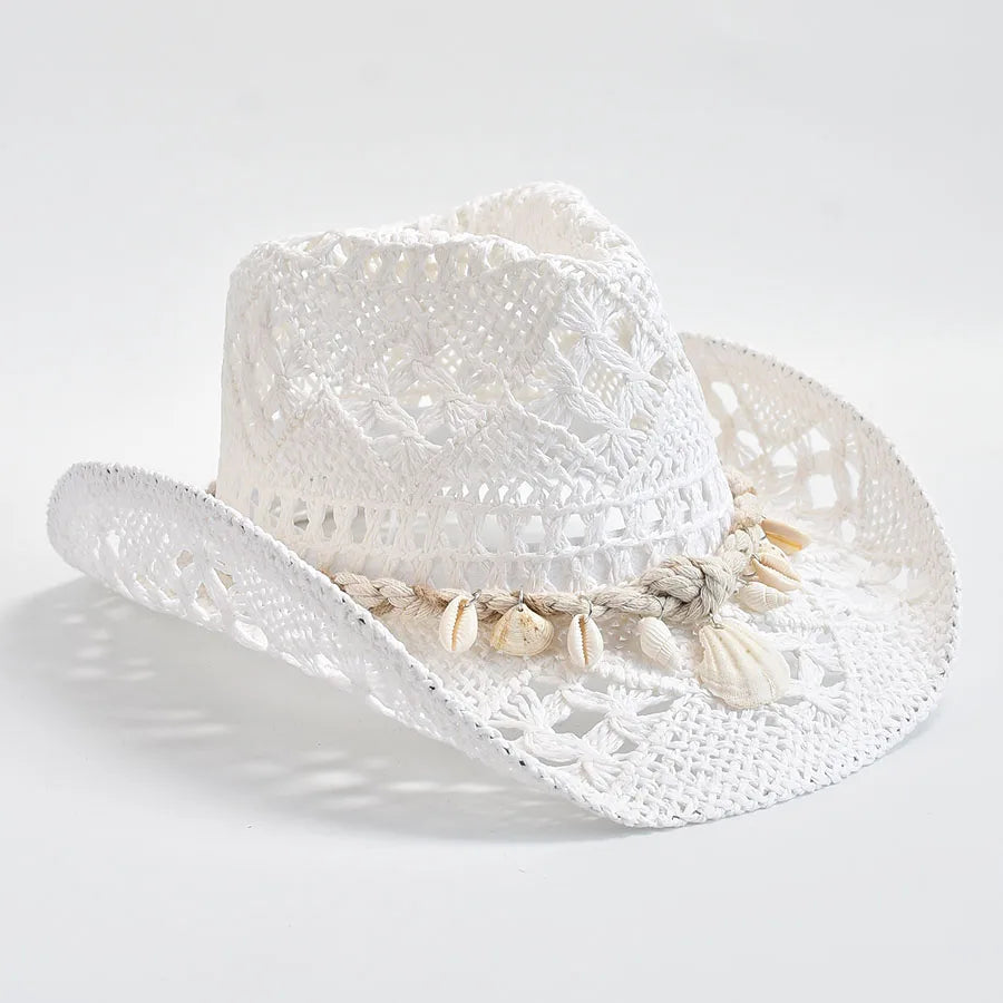 Summer Hand Woven Straw Hat For Women Shell Decoration Holiday Beach Sun Hat