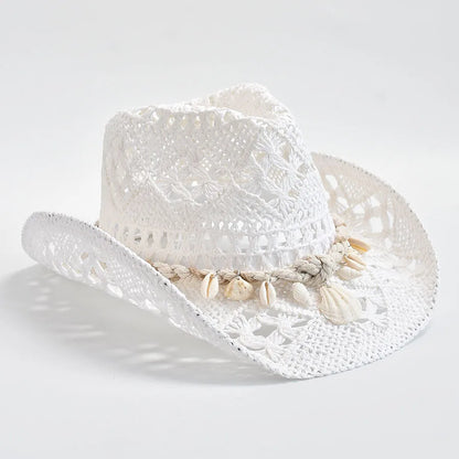Summer Hand Woven Straw Hat For Women Shell Decoration Holiday Beach Sun Hat