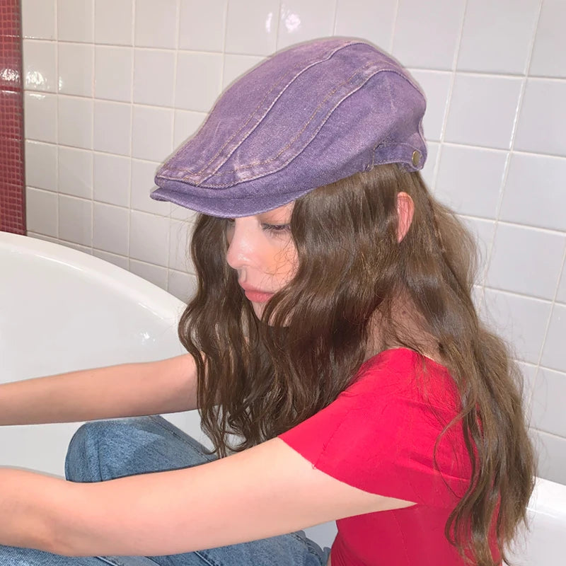 High-Quality Dream Purple Washed Denim Berets