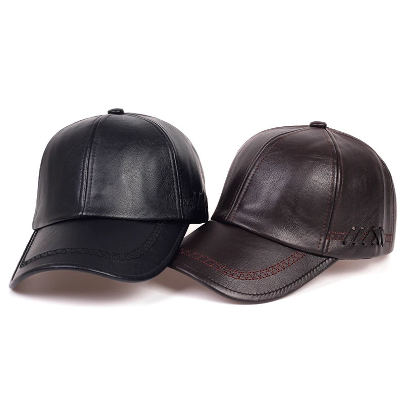 Fashion Solid Winter Leather Baseball Cap Men Autumn Warm Black Caps