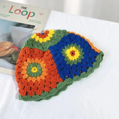 Women Muticolor Crochet Korean Handmade Bucket Hat Women Weaving Knitted Hat Y2k Fashion Flowers Autumn Cap