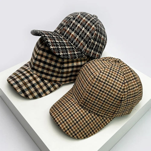 Men Women Woolen Cloth Stripe Check Baseball Caps