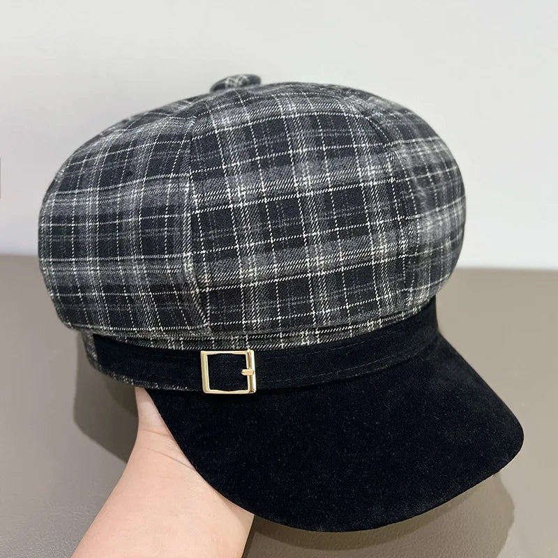 Vintage Red Plaid Beret Hat For Women Autumn Winter Newsboy Cap