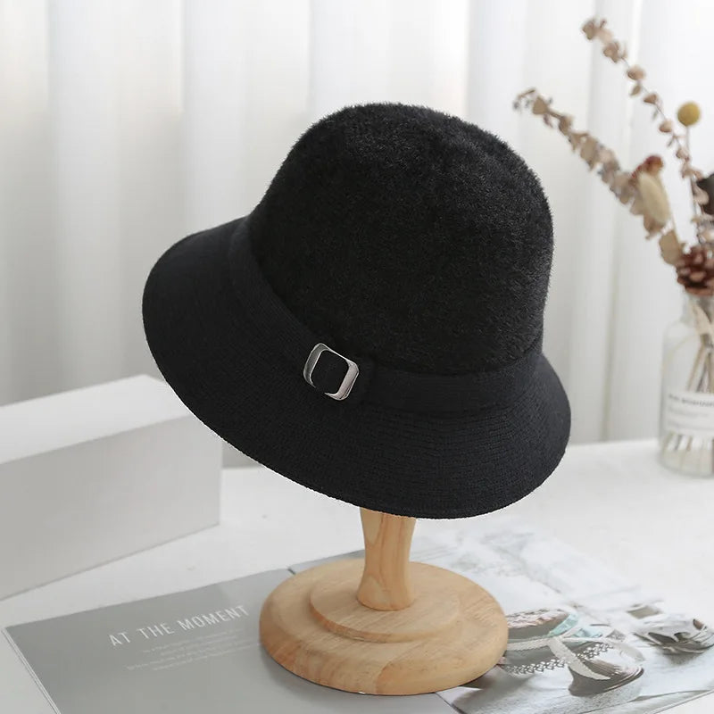 Women Knitted Bucket Hat Autumn Winter Solid Color