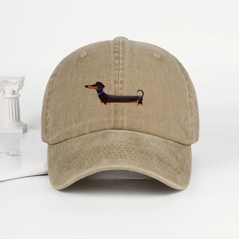 Dachshund Print Washed Baseball Cap Adorable Retro Dog Themed Style Perfect For Outdoor Walks