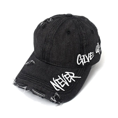 "Never Give Up" Embroidered Denim Baseball Cap