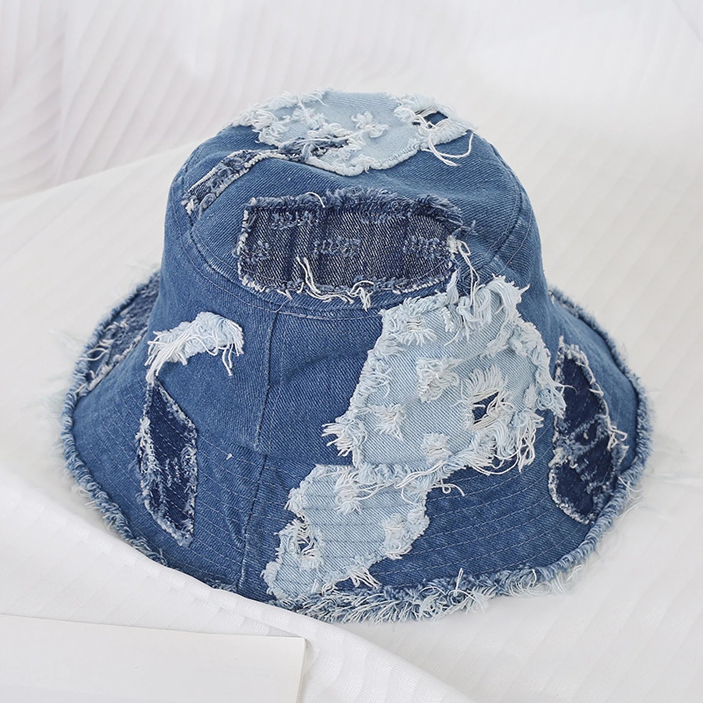 Women Men Vintage Bucket Hats Denim Raw Hem Ripped Sun Hat