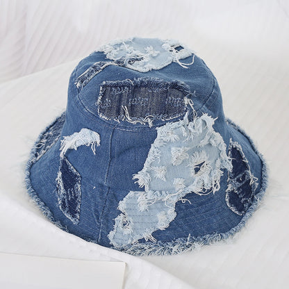 Women Men Vintage Bucket Hats Denim Raw Hem Ripped Sun Hat