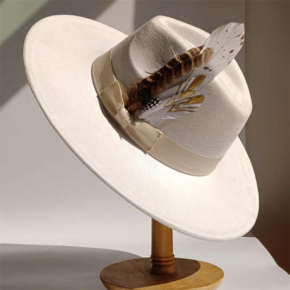 Yellow Bow Feather Suede Top Hat Wide Brim Fedora Hat