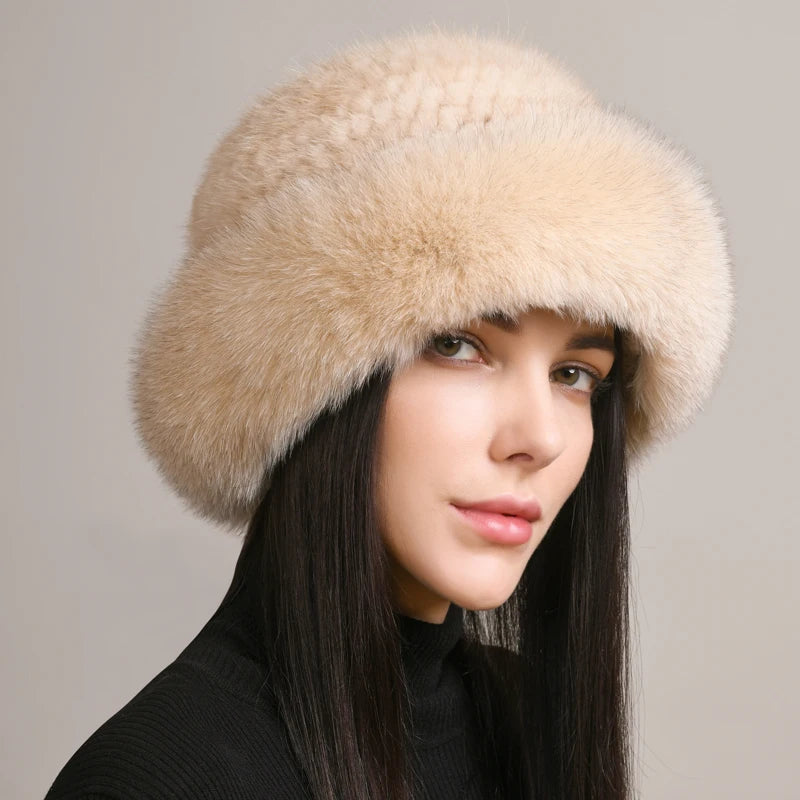 New Genuine Real Natural Knitted Mink Fur Hat Cap Real Fox Fur Beanies