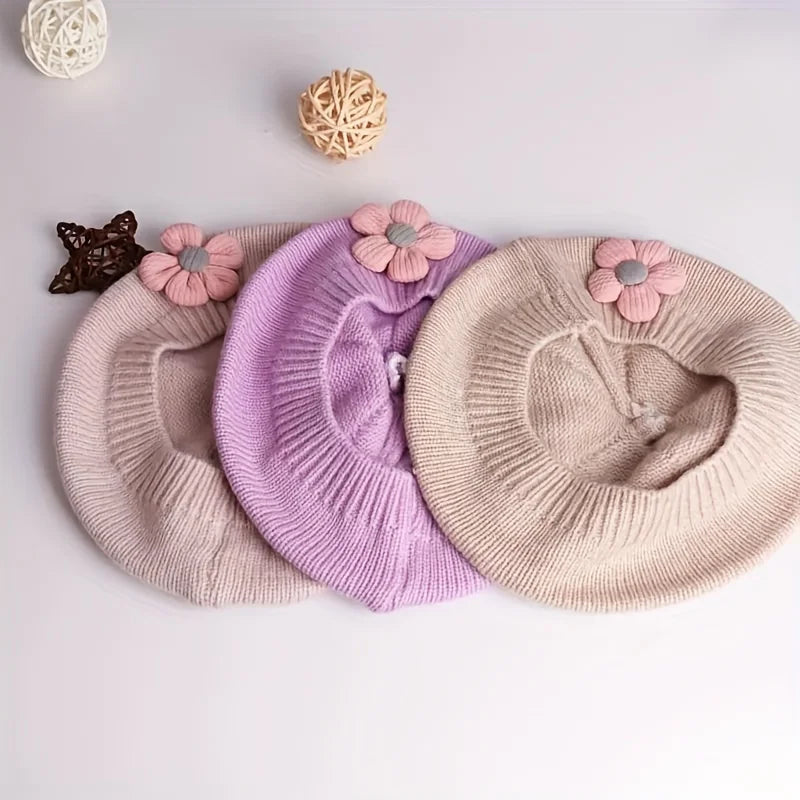 Flower Baby Beret Hat Winter Warm Knitted Beanie Cap