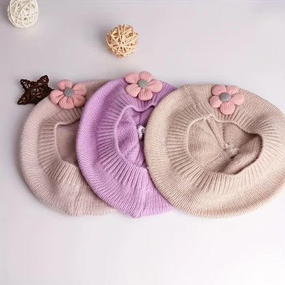 Flower Baby Beret Hat Winter Warm Knitted Beanie Cap