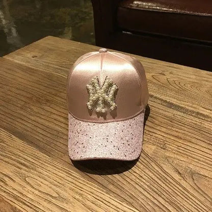 2026 New Luxury Y2K Glitter Baseball Cap – Pearl NY Logo Satin Snapback