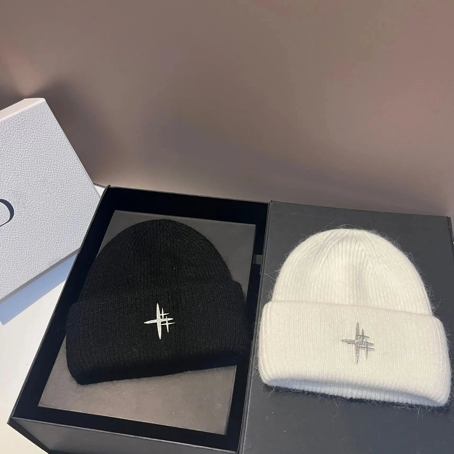 Women Luxury Rhinestone Logo Warm Wool Ear Hat