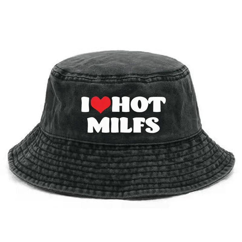 I Hot Love Milfs Bucket Hat Distressed Hats Cap Washed Men Retro