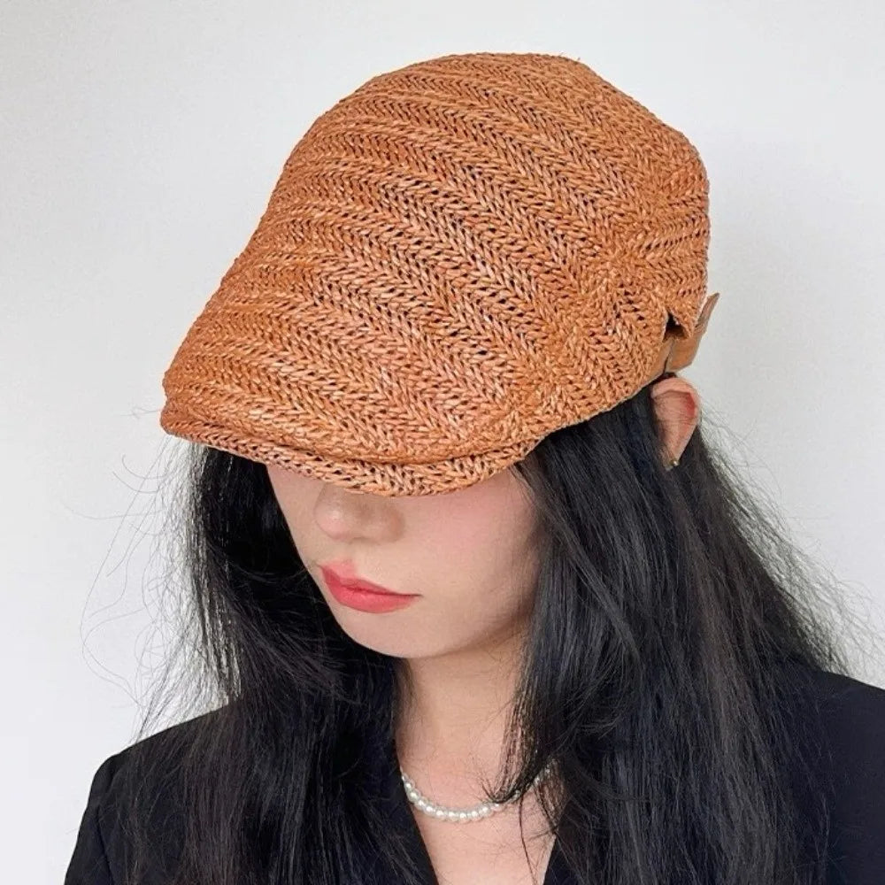 Japanese Style Hollow Straw Beret Vacation Flat Straw Newsboy Cap