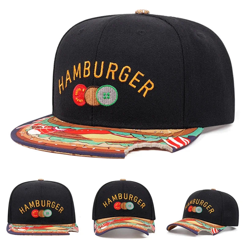New Flat Edge Hat Burger Embroidered Printed Baseball Hat Outdoor Daily Sunshade Hat Unisex Hip Hop Hat