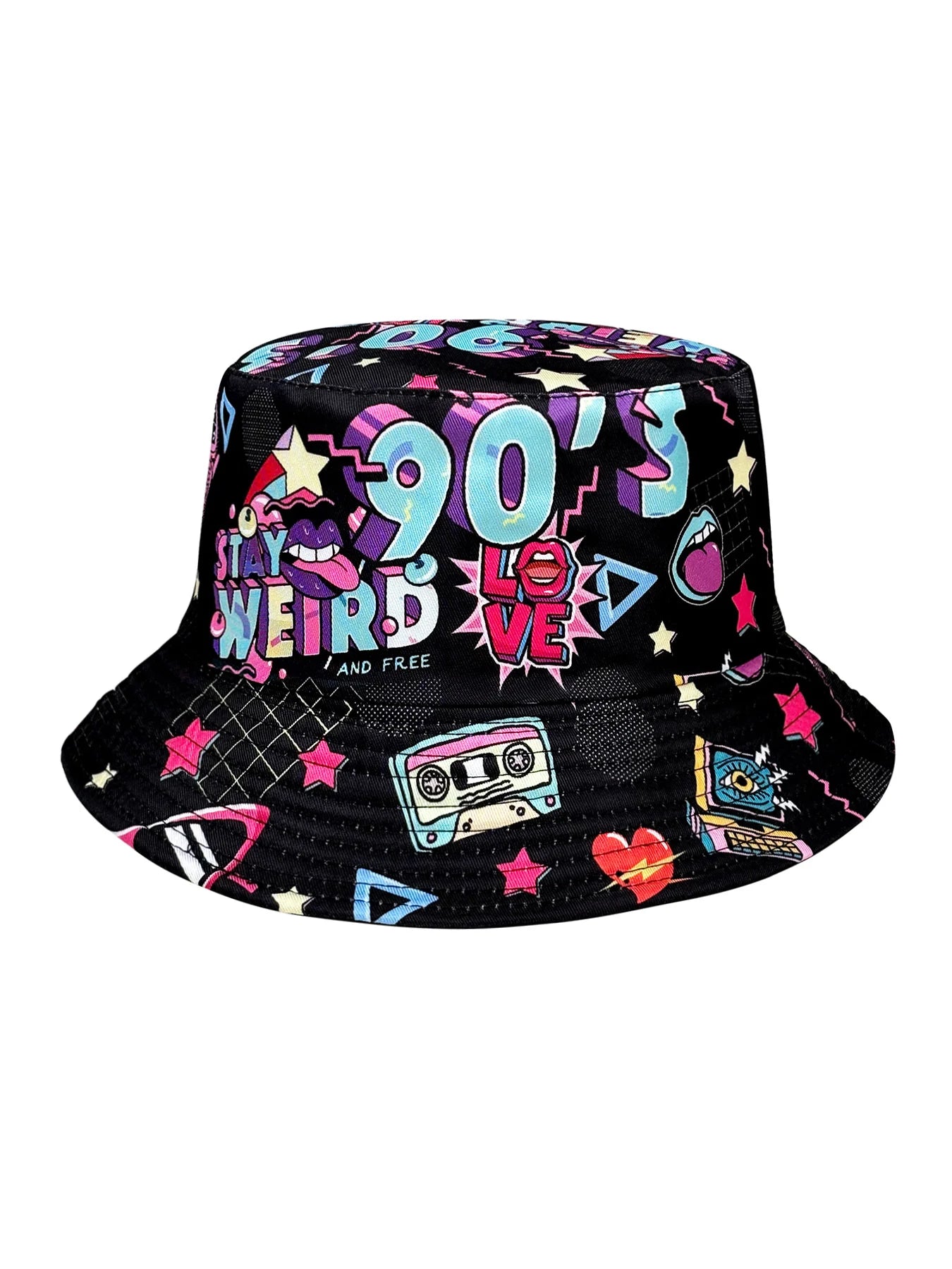 Abstract Personality Tape Black 90S Print Bucket Hat
