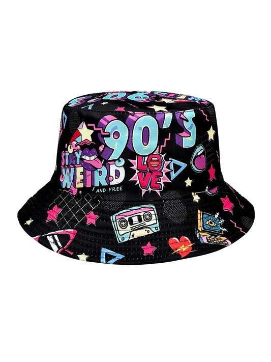 Abstract Personality Tape Black 90S Print Bucket Hat