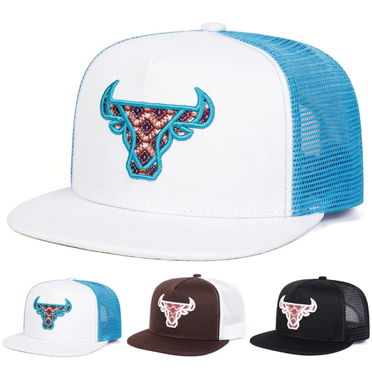 Unisex Ox Head Embroidery Hip-hop Net Hats Spring Summer