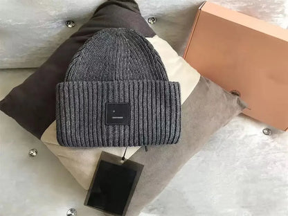Warm And Cozy Knitted Beanie With Square Labels - Scandinavian Style Wool