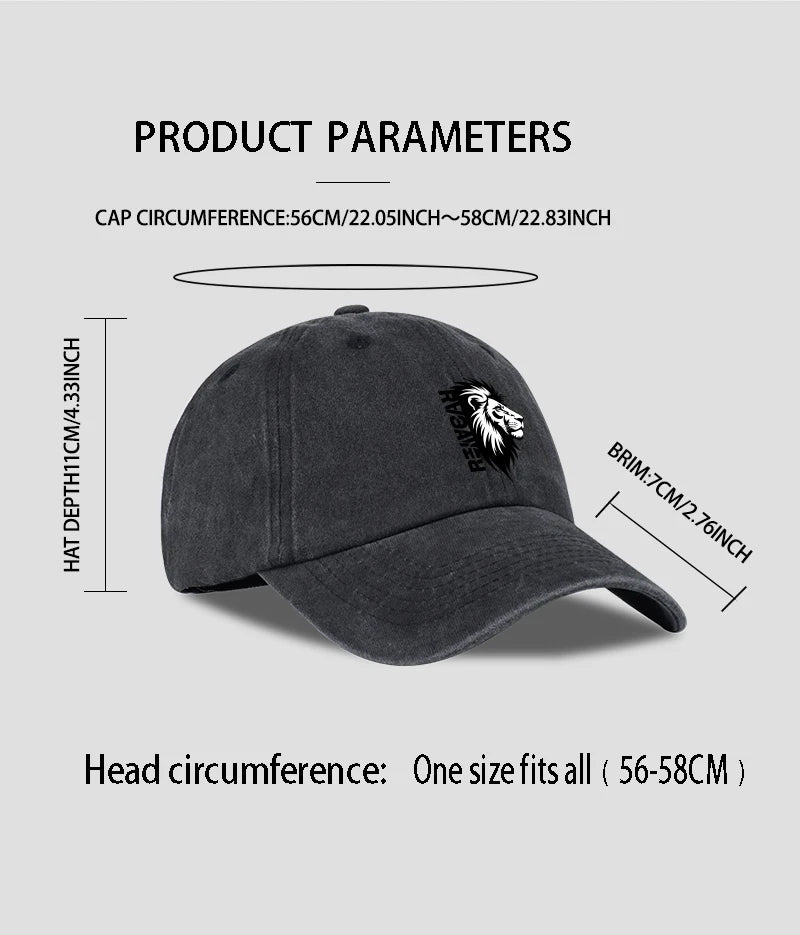 Lion Head RAWR Slogan Printed Washed Baseball Cap Soft Comfortable Lightweight Breathable Adjustable Bold Retro Powerful