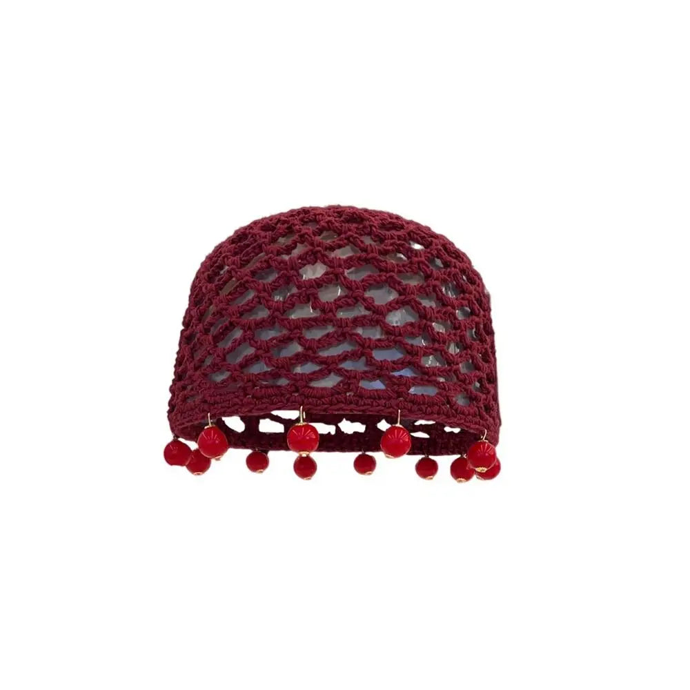 Fashion Round Beads Knitted Hat Crochet Pearl Fringed Woven For Women
