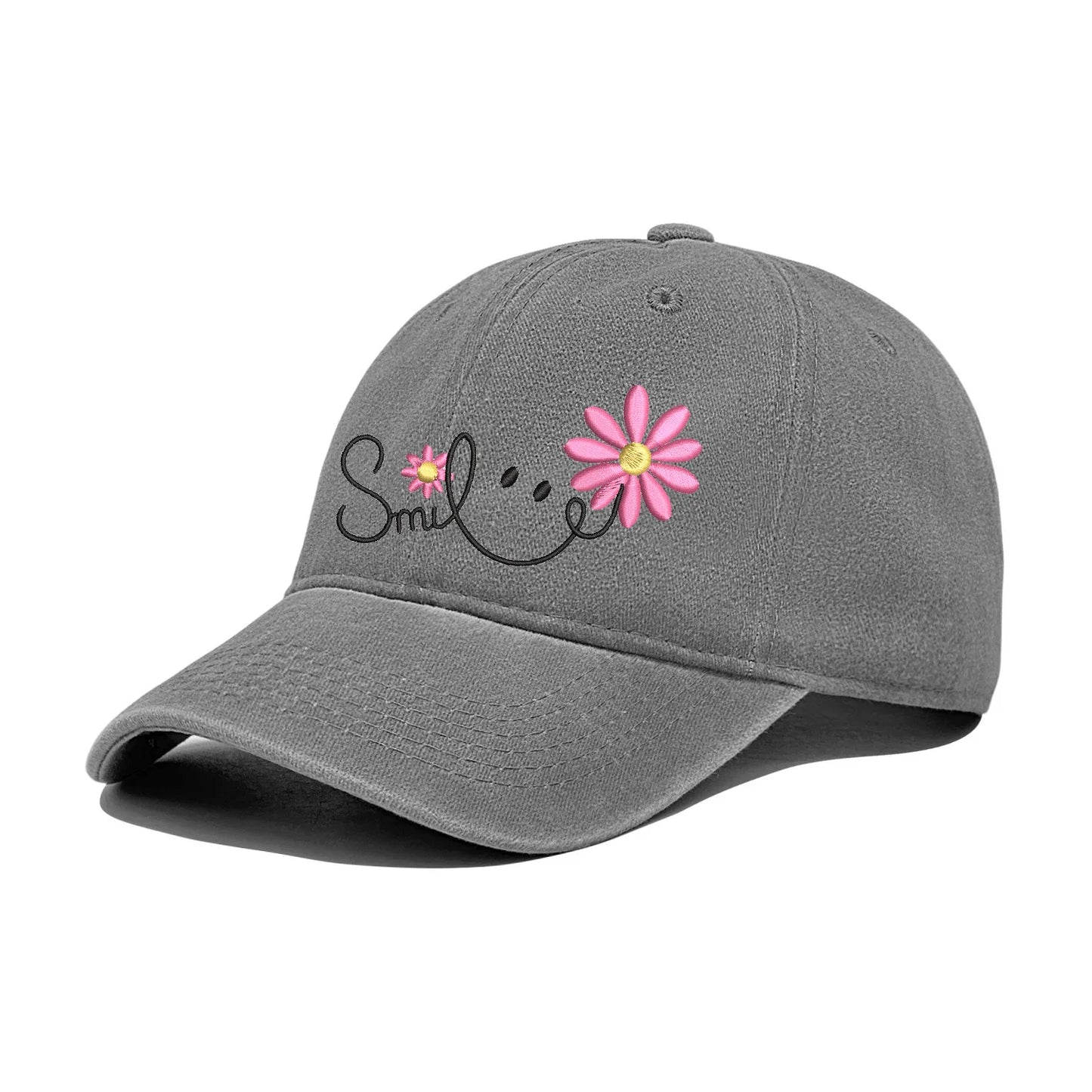 Sweet Daisy Flower Smile Embroidery Washed Cotton Hat