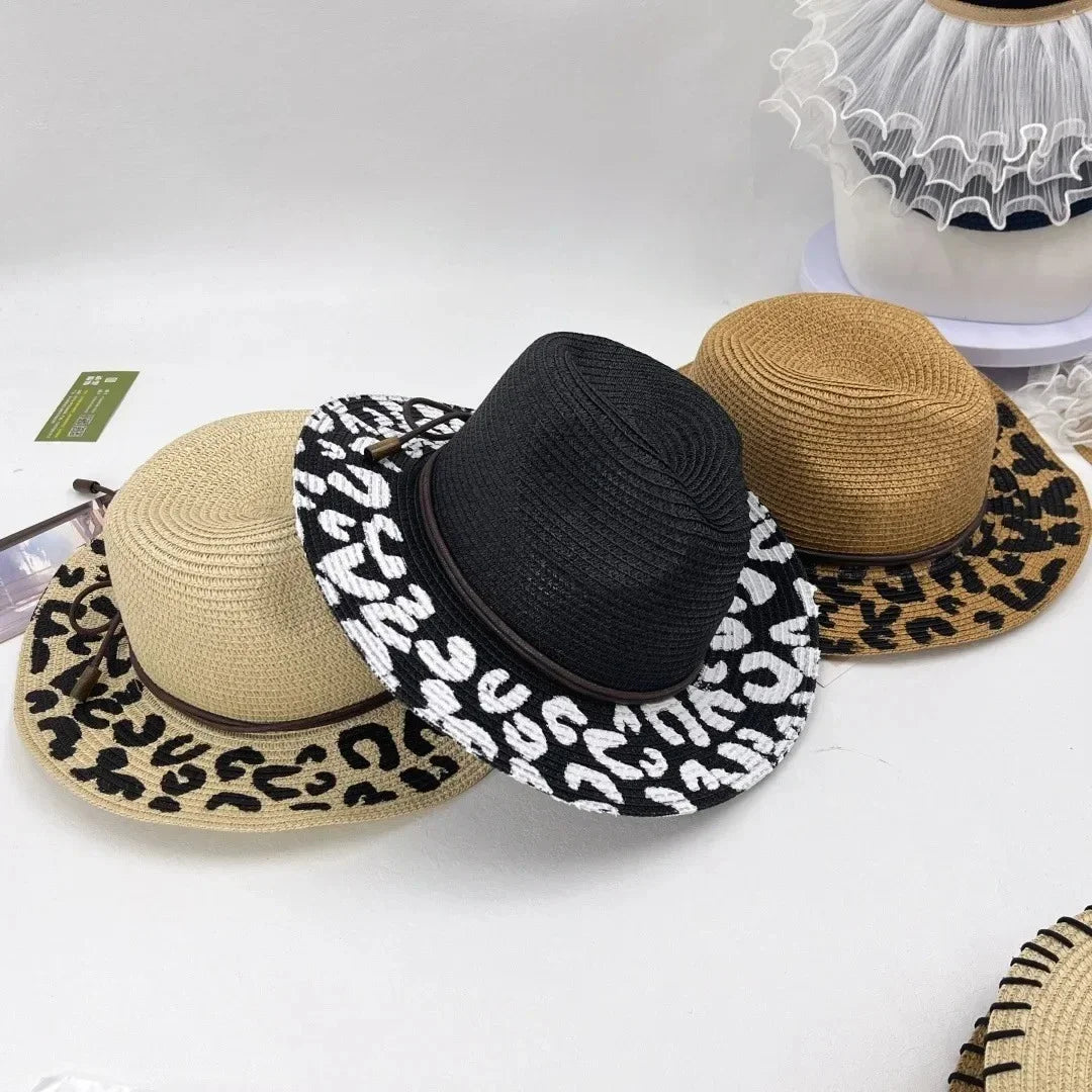 Leopard Print Foldable Straw Hat Women Summer Wide Brim Sun Hat
