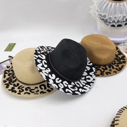 Leopard Print Foldable Straw Hat Women Summer Wide Brim Sun Hat