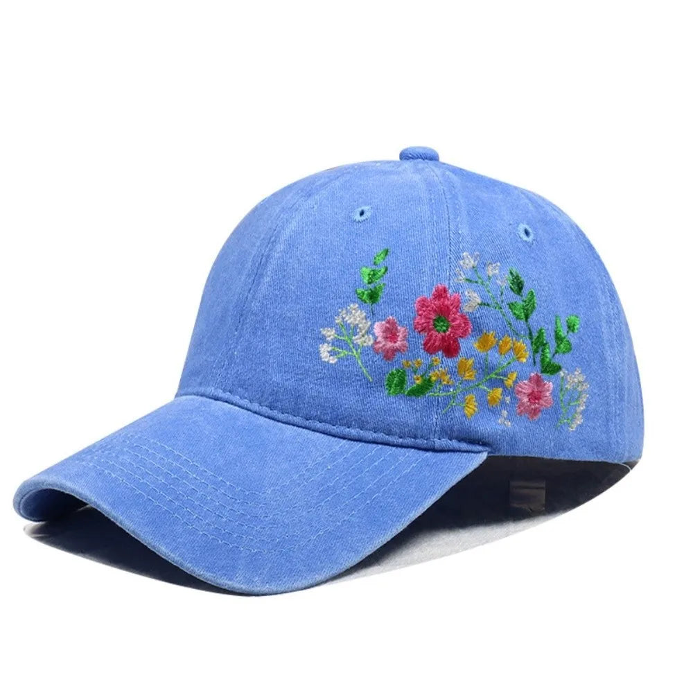 Vintage Flower Embroidery Baseball Cap Washed Cotton Adjustable