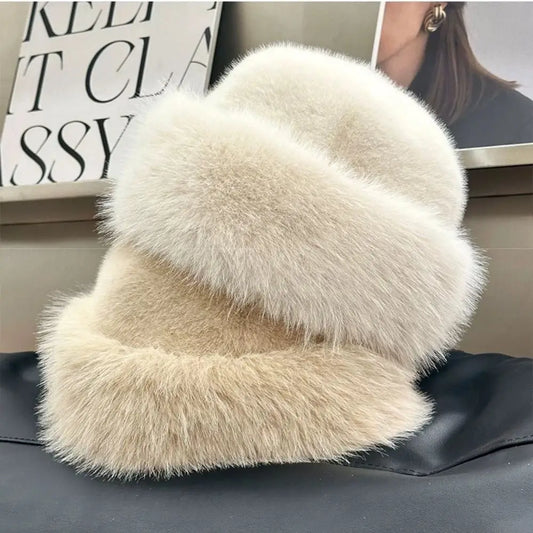 Fluffy Fur Bucket Hat For Women Plush Fisherman Hat