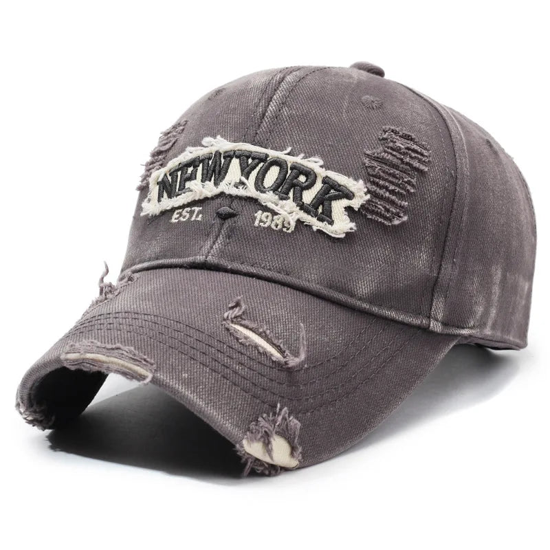 Letter New York Broken Hole Baseball Cap Washed Cotton