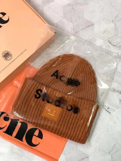 Warm And Cozy Knitted Beanie With Square Labels - Scandinavian Style Wool