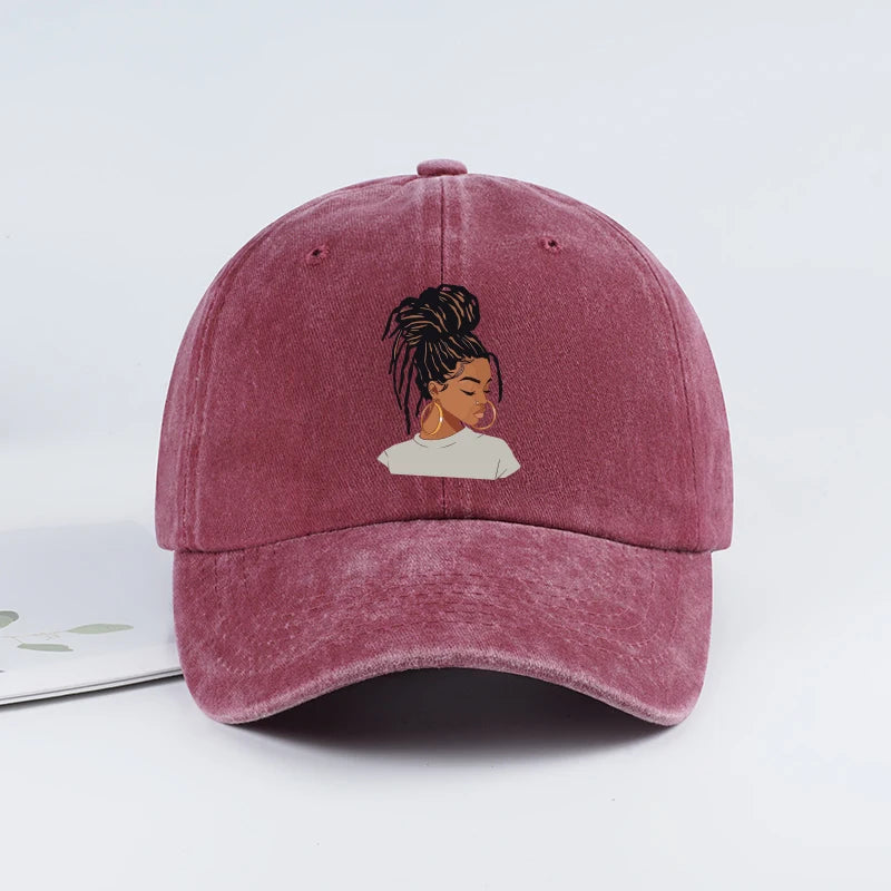 Vintage-Washed Baseball Cap with African Queen Print