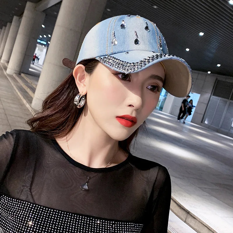 Denim Baseball Cap Women Rhinestone Droplets Cowboy Snapback
