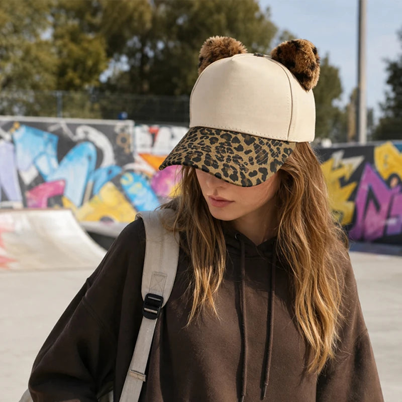 Leopard Print Brim Cat Ear Baseball Caps Women