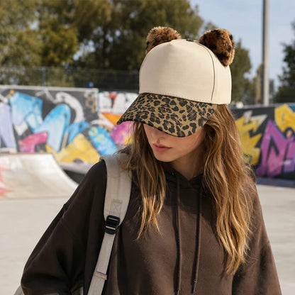 Leopard Print Brim Cat Ear Baseball Caps Women