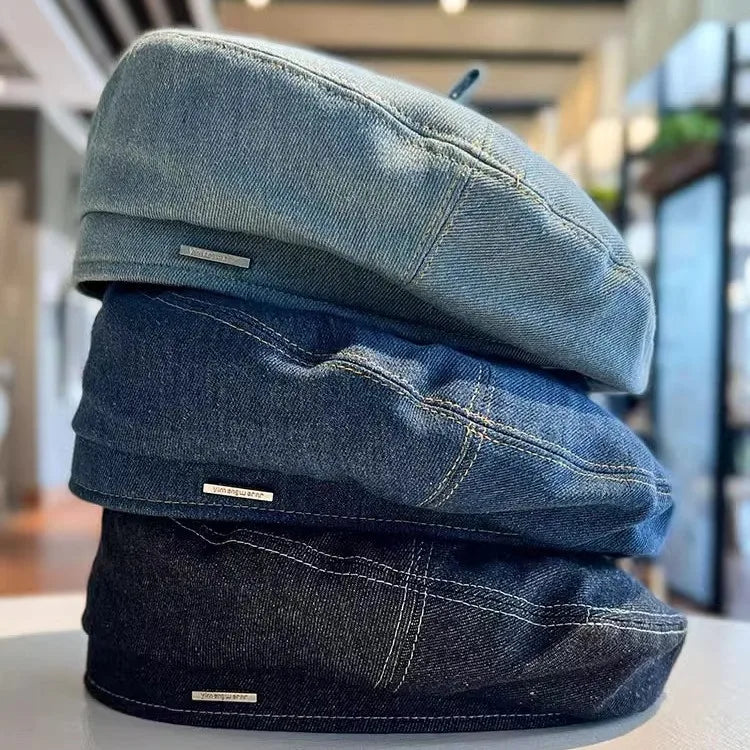 New Denim Beret Hat For Women Vintage Washed Blue Jeans