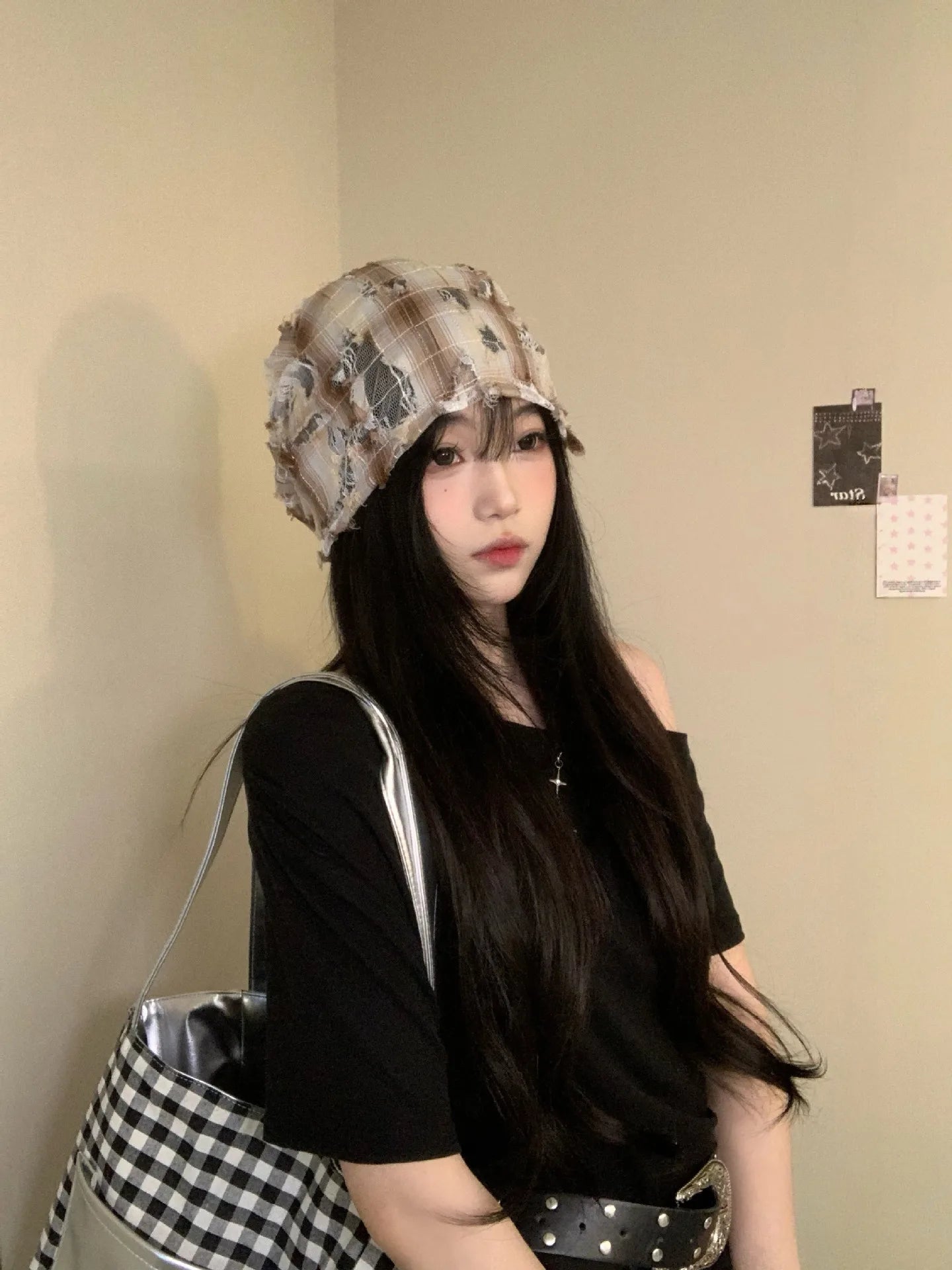 Women's Retro Checked Distressed Beanie