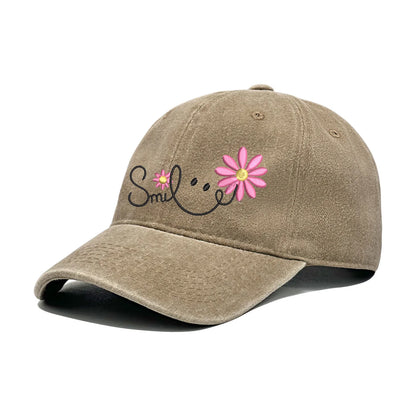 Sweet Daisy Flower Smile Embroidery Washed Cotton Hat